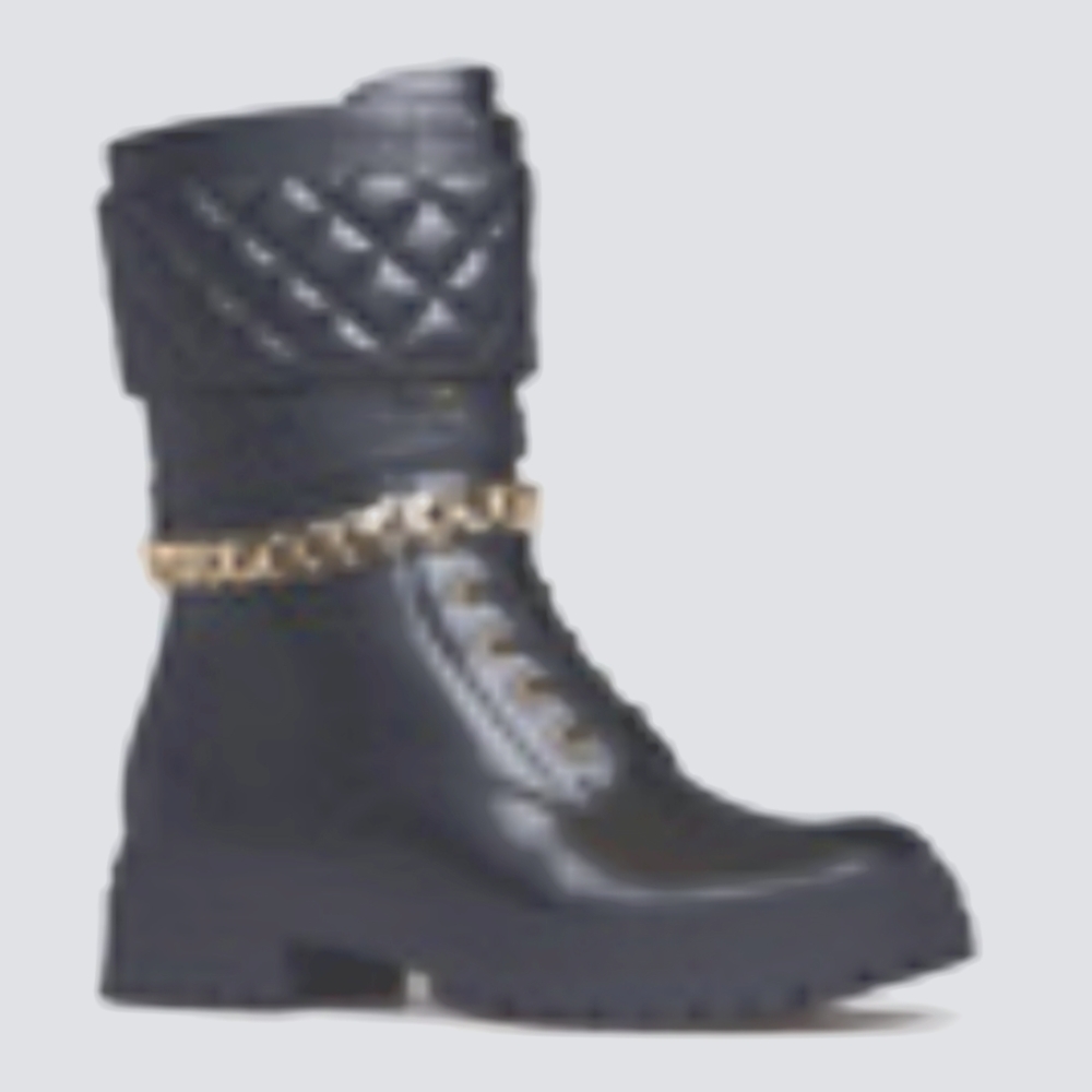 NWOT vegan combat boots with inside side zipper, quilted top and gold chain